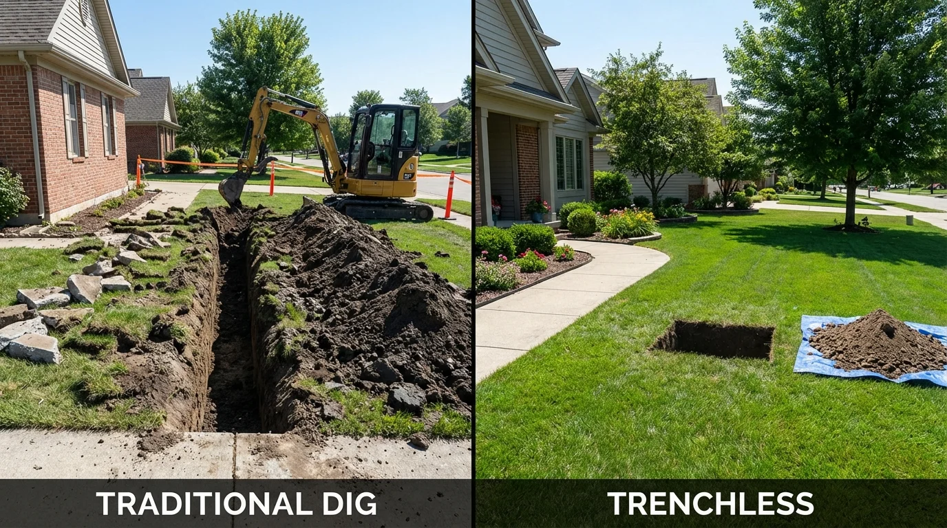 Trenchless sewer repair with minimal yard damage versus traditional excavation in Flora, IN
