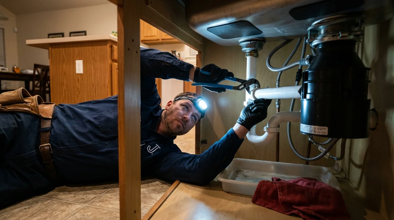 P-trap and supply line connections under a kitchen sink showing a common leak point in Flora, IN
